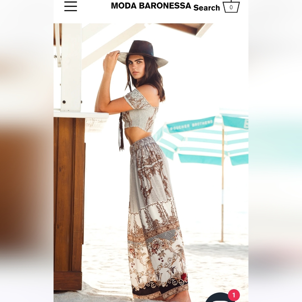 100% SILK MODA BARONESSA VERSAILLES ST. TROPEZ PANTS AND CAP TOP